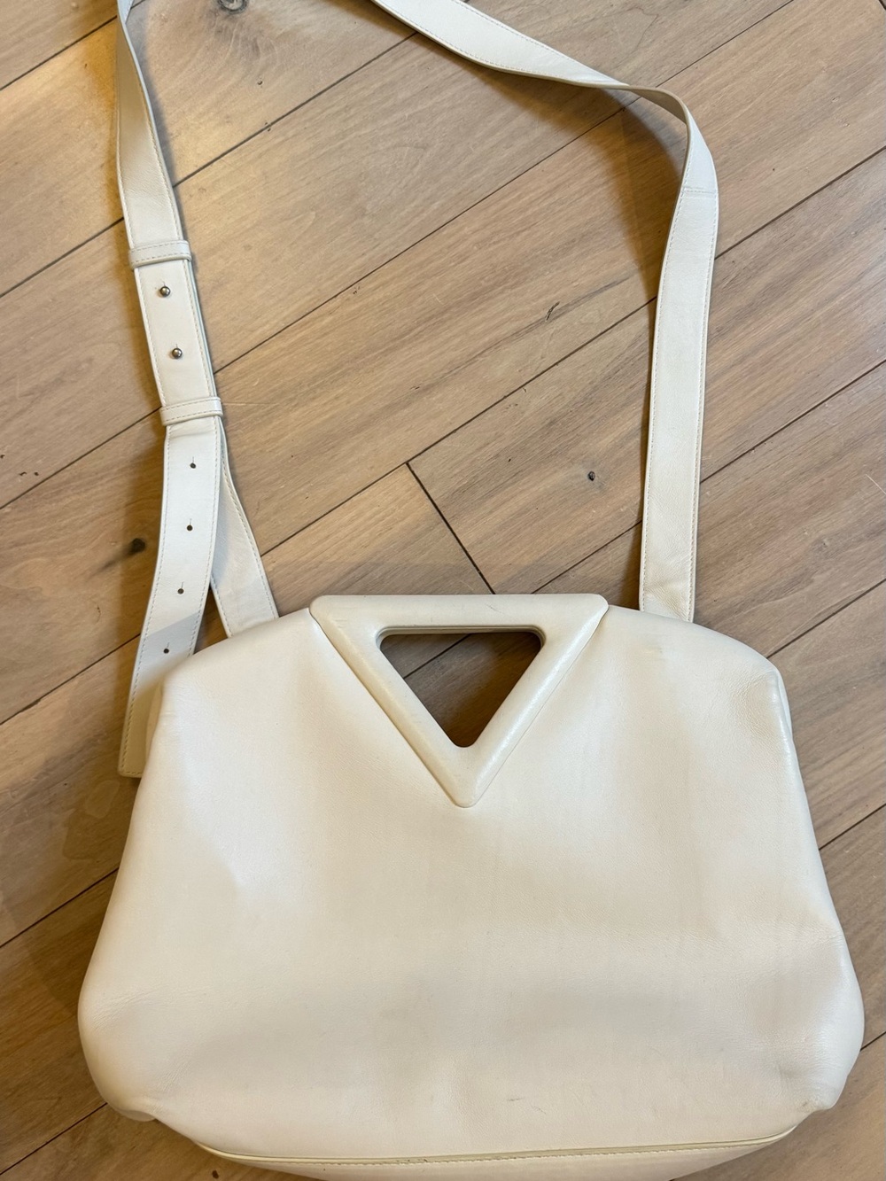 Bottega Veneta Minimalist Cream Leather Shoulder Bag with Triangle Handle